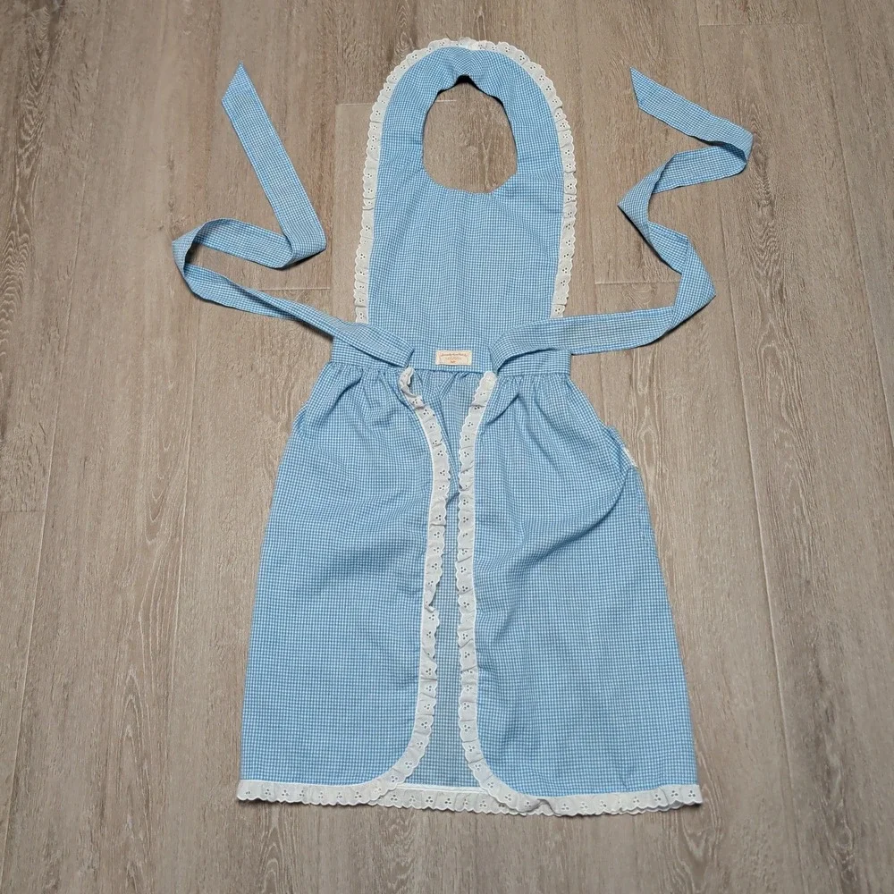 Vintage Handmade Prarie Style‎ Blue Apron Gingham Pinafore Lace Trim Pockets